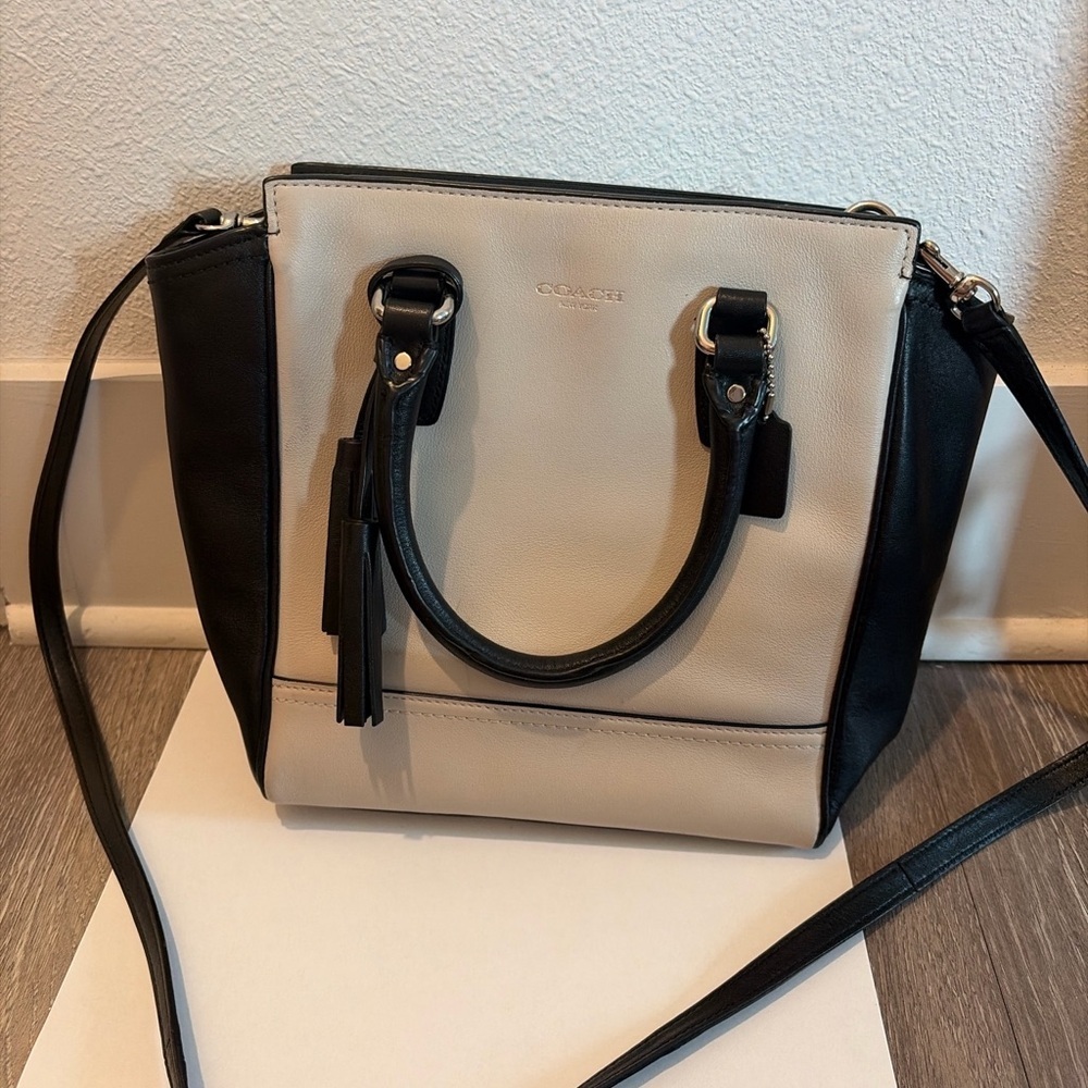 Coach Mini Leather Colorblock Satchel Black Cream Crossbody - Picture 2 of 6